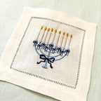 Jewish Holiday Menorah Gift Box: Embroidered Tea Towel & Linen Cocktail Napkins