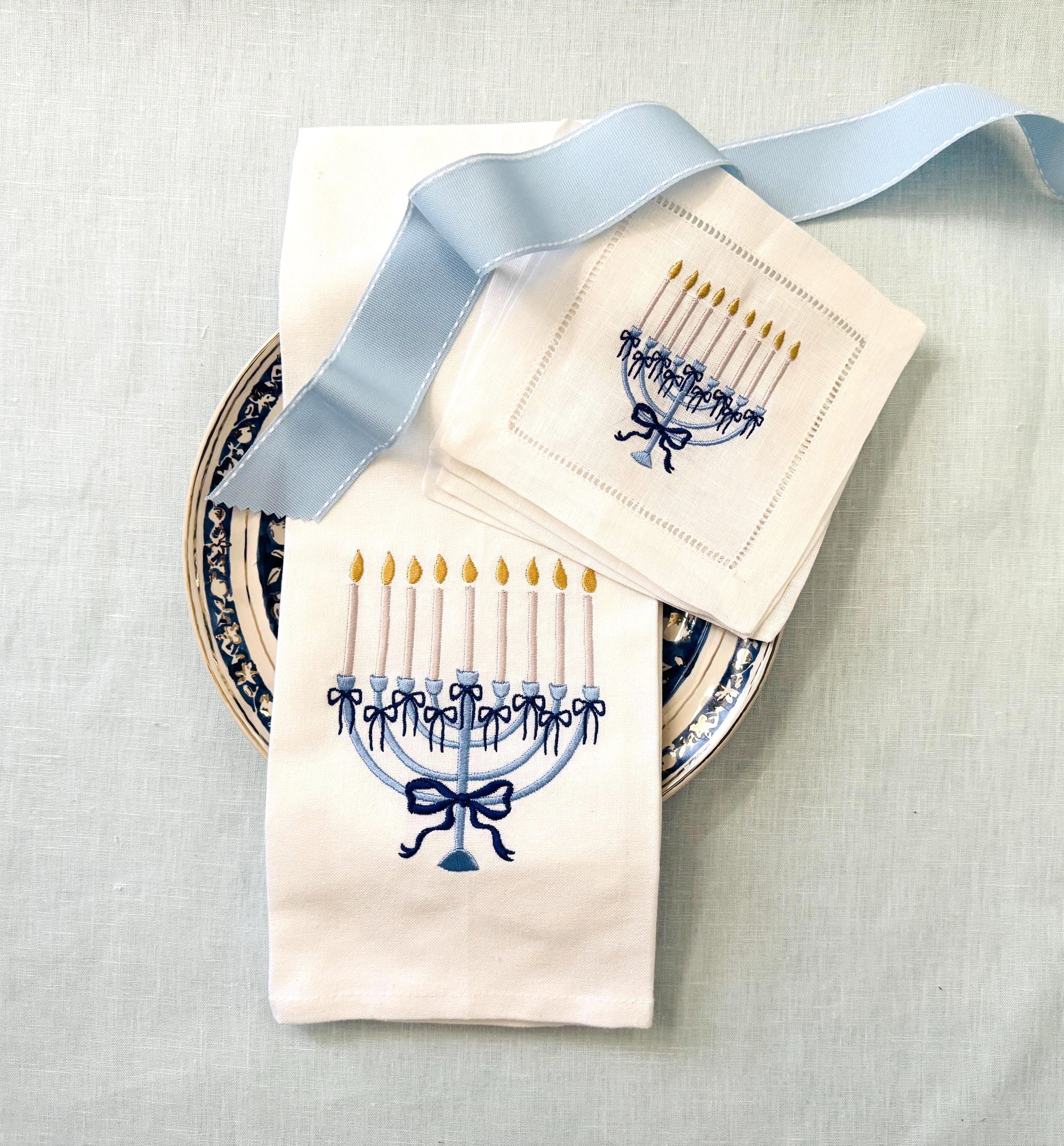 Jewish Hanukkah Menorah Gift Box: Embroidered Tea Towel & Linen Cocktail Napkins Holiday Hostess Set