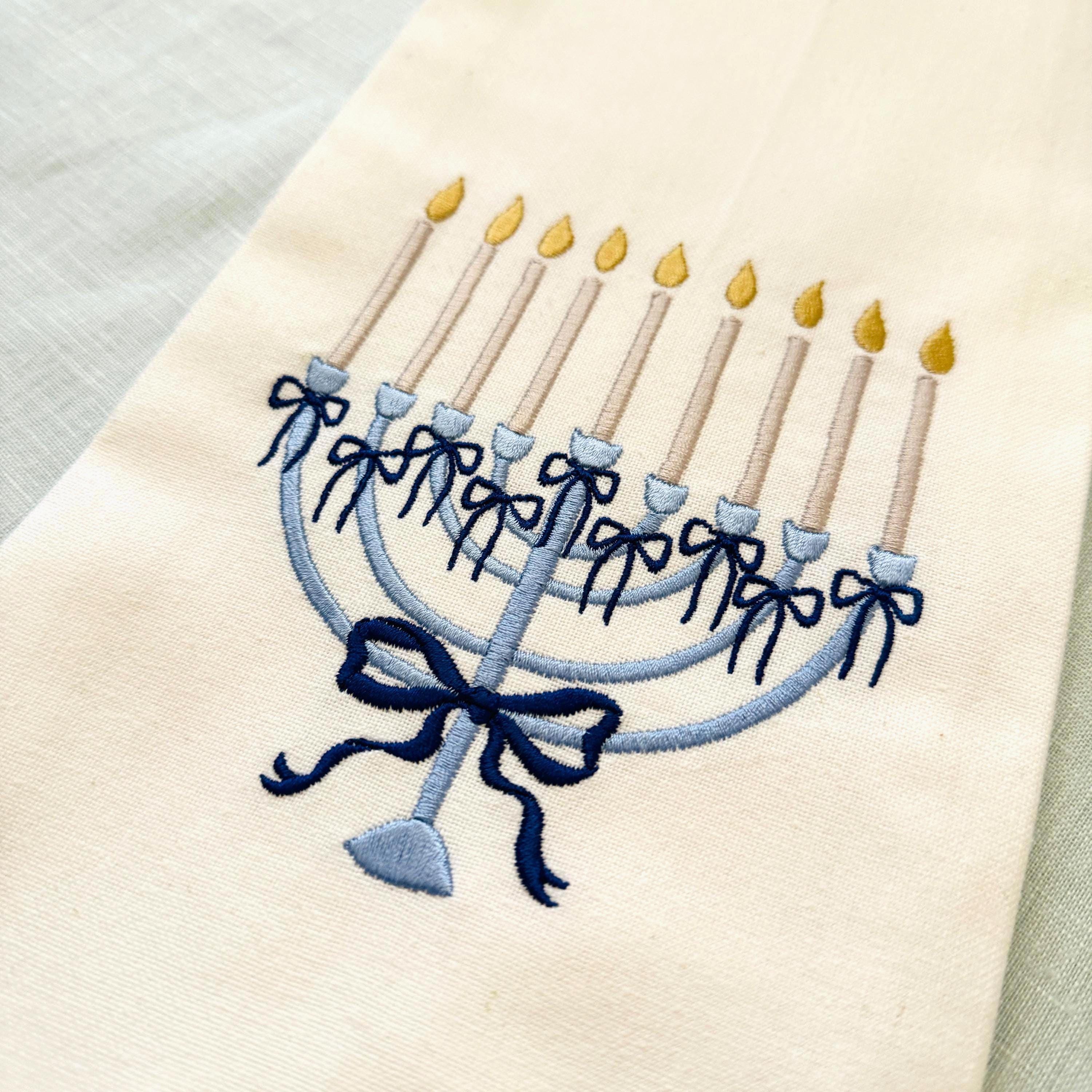 Jewish Hanukkah Menorah Gift Box: Embroidered Tea Towel & Linen Cocktail Napkins Holiday Hostess Set