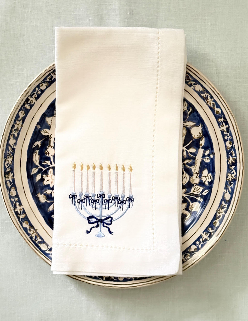 Hanukkah Menorah Set of 4 Embroidered Linen Cotton Blend Dinner Napkins: Holiday Hosting Decor