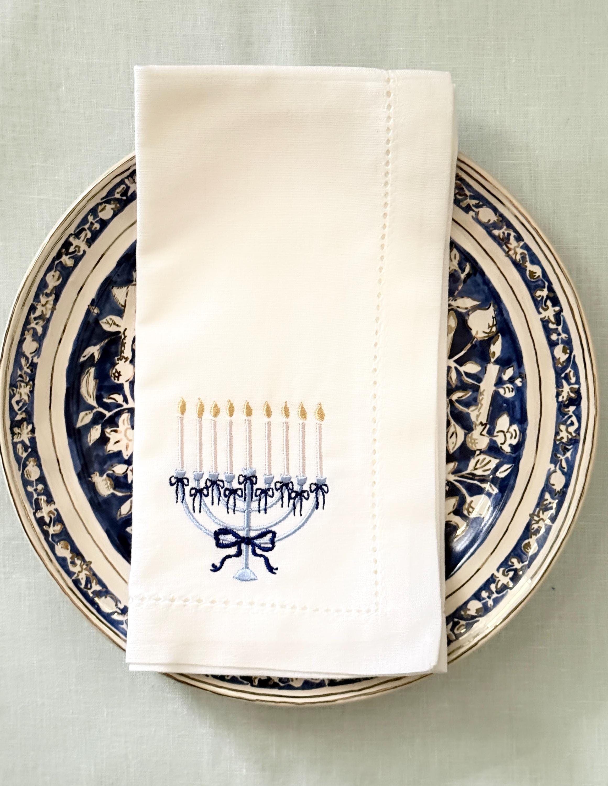 Hanukkah Menorah Set of 4 Embroidered Linen Cotton Blend Dinner Napkins: Holiday Hosting Decor