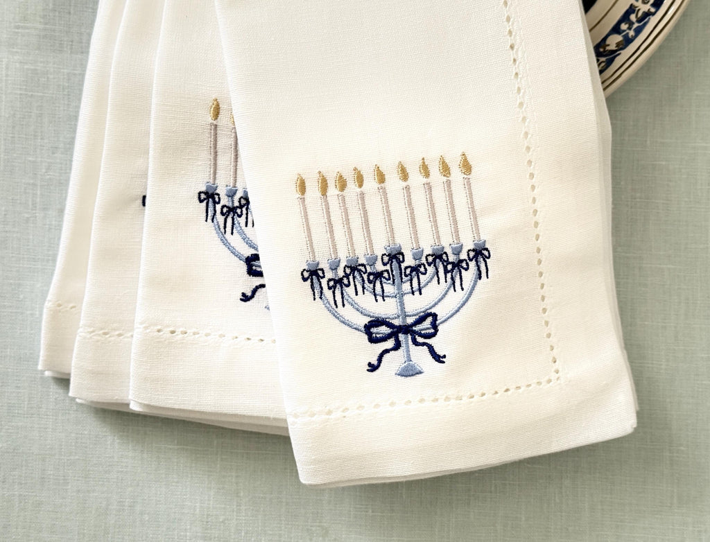 Hanukkah Menorah Set of 4 Embroidered Linen Cotton Blend Dinner Napkins: Holiday Hosting Decor