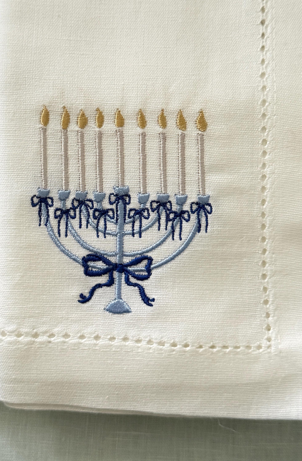 Hanukkah Menorah Set of 4 Embroidered Linen Cotton Blend Dinner Napkins: Holiday Hosting Decor
