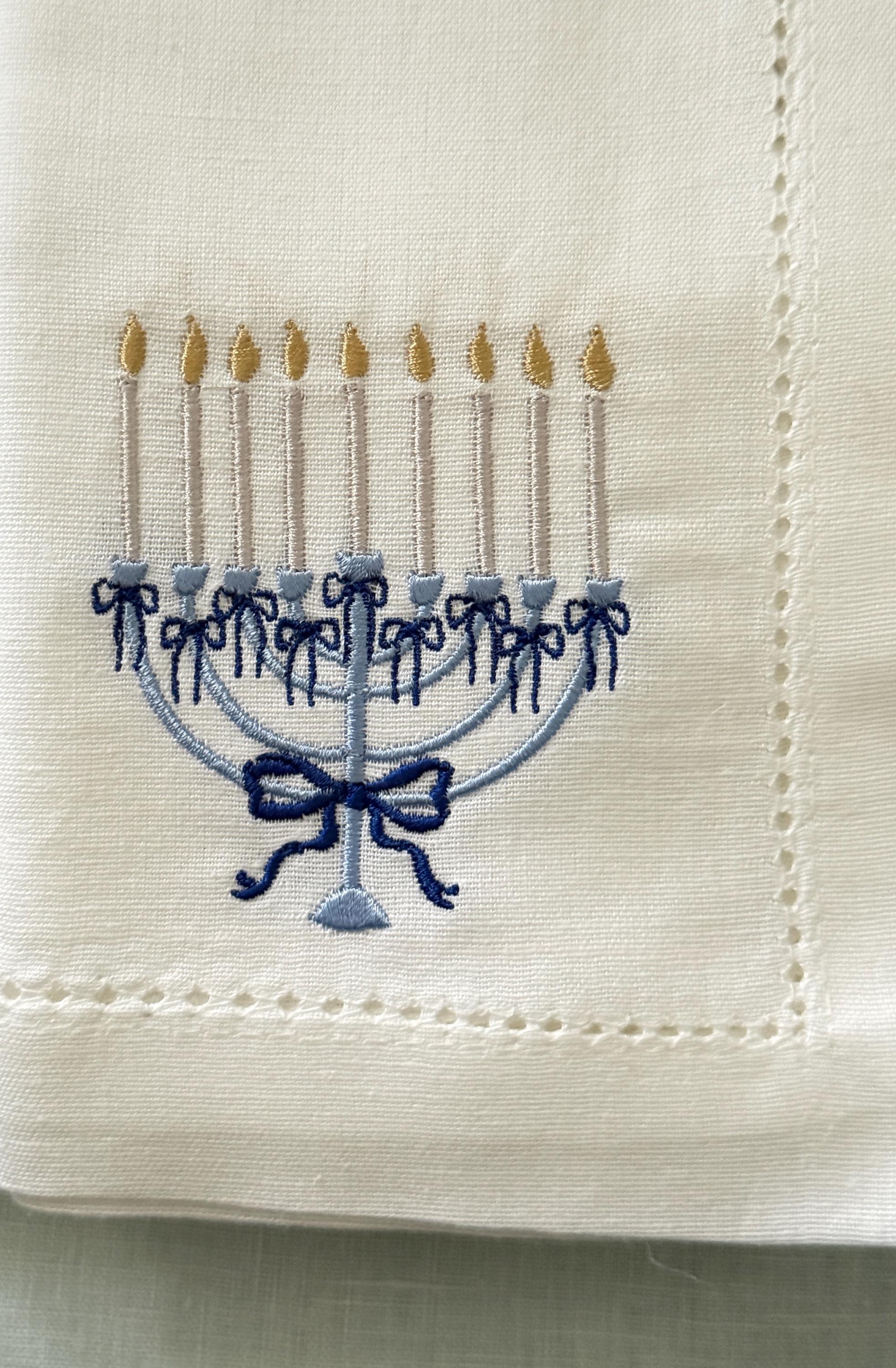 Hanukkah Menorah Set of 4 Embroidered Linen Cotton Blend Dinner Napkins: Holiday Hosting Decor