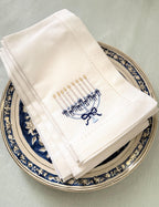 Hanukkah Menorah Set of 4 Embroidered Linen Cotton Blend Dinner Napkins: Holiday Hosting Decor