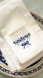 Hanukkah Menorah Set of 4 Embroidered Linen Cotton Blend Dinner Napkins: Holiday Hosting Decor