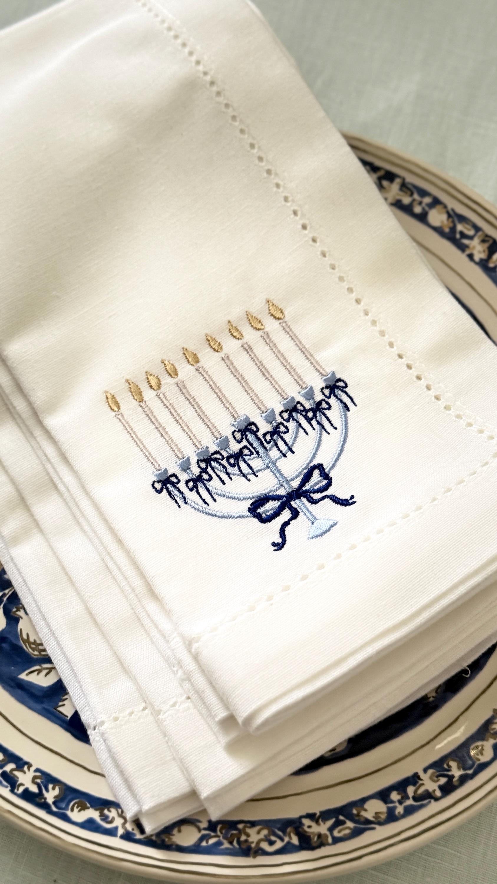 Hanukkah Menorah Set of 4 Embroidered Linen Cotton Blend Dinner Napkins: Holiday Hosting Decor
