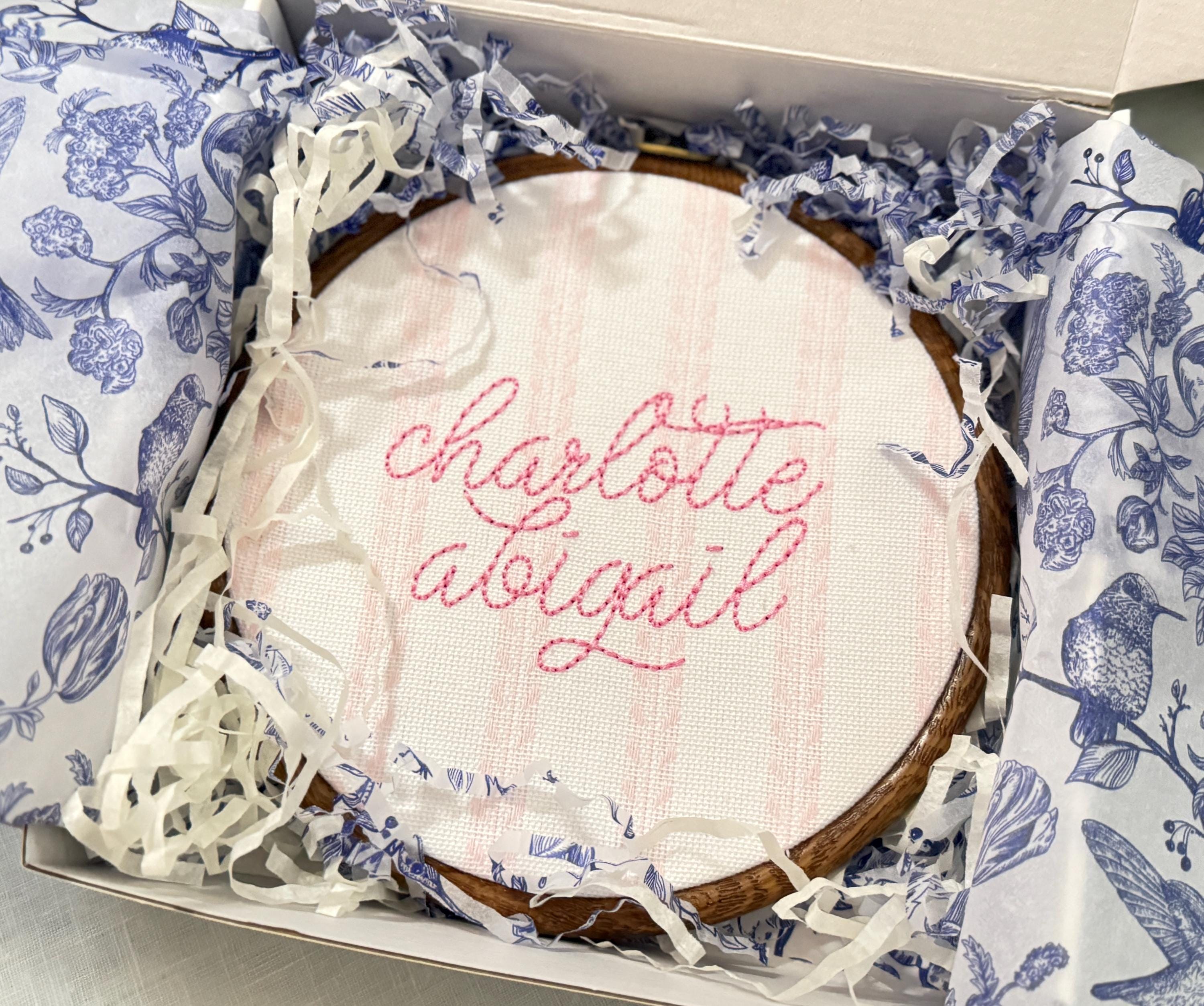 Embroidered Baby Name Hoop – Personalized Linen Heirloom Sign