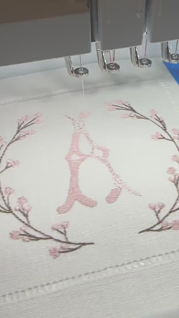 Embroidered Cherry Blossom Cocktail Napkins: Personalized Initial Linen Napkin