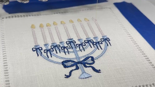 Hanukkah Menorah Set of 4 Embroidered Linen Cocktail Napkins: Holiday Hosting Decor